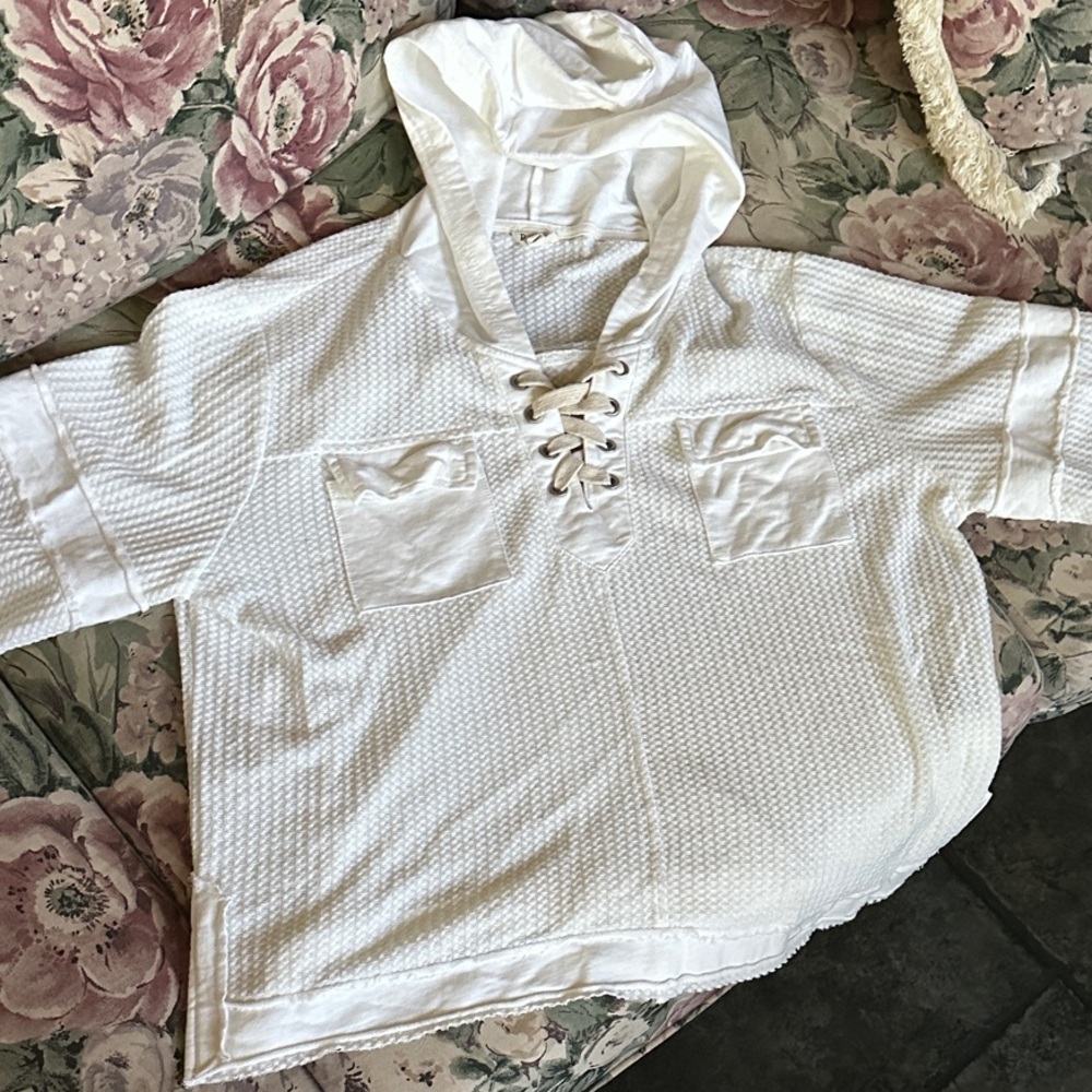 POL waffle knit White Hooded Shirt with Lace-Up Front